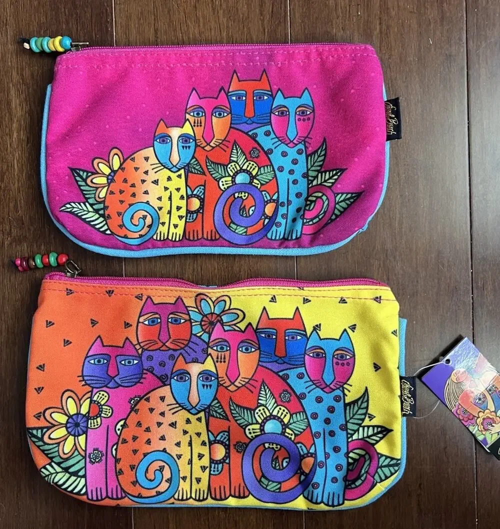 Laurel Burch Feline Clan Makeup Bag Set 2 Pouches Colorful Cats NWT
